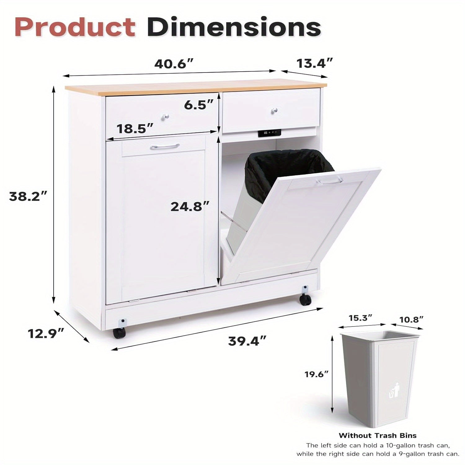 Heavy-Duty Hardwood Trash Can Cabinet with Locking Tilt-Out Bins & Casters - Kitchen\u002FBathroom\u002FOffice garbage storage Organizer with 2 Drawers, Fits 10Gal + 9Gal Bins, Space-Saving Modern Cabinet (Easy Assembly), Storage Bins, Sleek Wooden Design