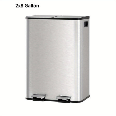 2x8 Gallon\u002F 2x10.6 Gallon Stainless Steel Double Trash Can with Lid for Kitchen, Large Dual Trash and Bin Combo, Step-on Kitchen Metal Stainless Steel Garbage Cans, PP Inner Buckets, Liner Rim, Silvery\u002F Gray\u002F Black