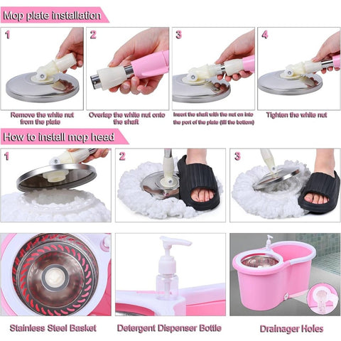 Pink Mop and Bucket Set with 360° Rotating Head & Spin Mopping System, Wet\u002FDry Use with Spray Nozzle, Ergonomic Handle & Collapsible Design - Heavy-Duty Acrylic Construction for Hardwood Tile Vinyl Floors, Space-Saving Storage, Ideal for Home & Comm