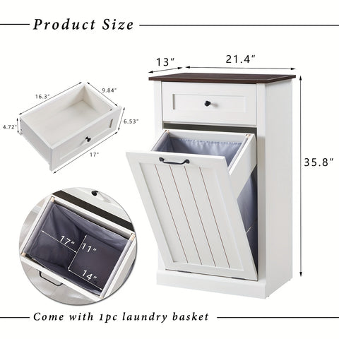 10 Gallon Recycled Wood Tilt-Out Trash Can Cabinet with Drawer - Quiet Close Hidden Laundry Hamper, Pull-Out Bin for Kitchen, Dining & Living Room Storage, Trash Can for Kitchen, Home Organization, Sleek Home Decor, Sturdy Build, Multifunctional Furniture