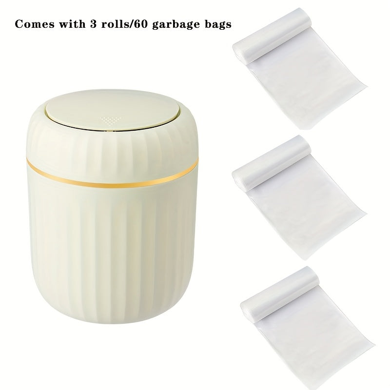 1-Pack PP Plastic Press-Top Desktop Trash Can with One-Touch Lid, Odor-Control Ribbed Design Compact Cylindrical Bin for Office Home Desk, Living Room, Study - White & Yellow Accents, Mini Trash Can for Desk, Desk Organizer, Waste Disposal, Modern Trashca