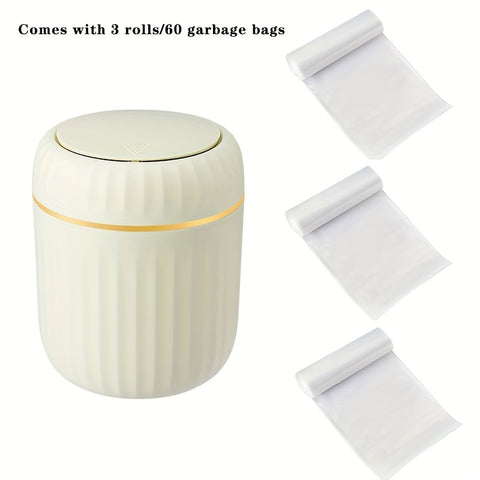 1-Pack PP Plastic Press-Top Desktop Trash Can with One-Touch Lid, Odor-Control Ribbed Design Compact Cylindrical Bin for Office Home Desk, Living Room, Study - White & Yellow Accents, Mini Trash Can for Desk, Desk Organizer, Waste Disposal, Modern Trashca
