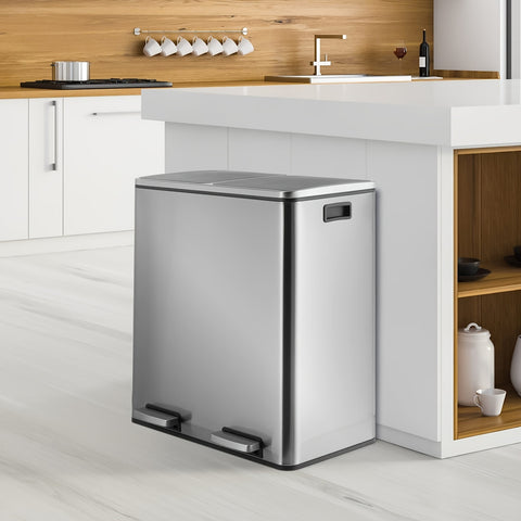 16 Gal Dual Kitchen Stainless Steel Trash Can W\u002F2 Built-in Box for Odor Control, Waste Dustbin, Sealing Base & Soft Close, for Home, Office