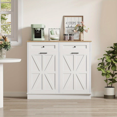 20 Gallon Double Tilt-Out Trash Cabinet & Laundry Hamper - Farmhouse Style Hidden Storage with Solid Wood Tabletop, Drawer & Pet-Proof Design - Freestanding Floor Cabinet for Kitchen, Bathroom, Laundry Room