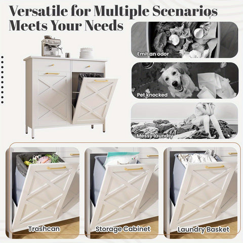 Double Tilt Out Trash Can Cabinet, Suitable For 20 Gallon Metal Dog Proof Trash, With 2 Drawers, Garbage Recycling Can Cabinet Laundry Sorter For Kitchen And Living Room
