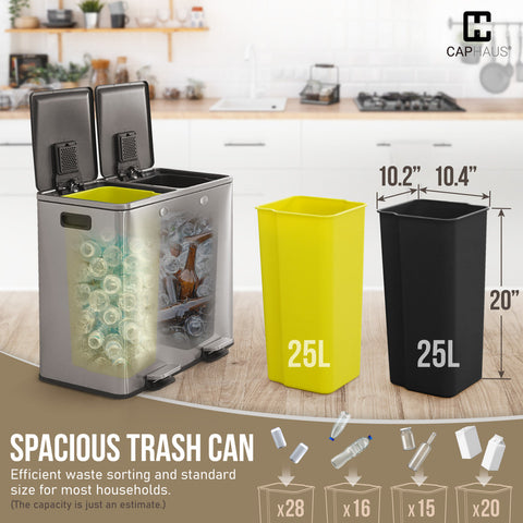 CAPHAUS Black Dual Trash Can w\u002F Double Lid, Trash & Recycle Bins Combo, Hands-free Stainless-Steel Garbage Can for Kitchen, with 2 Compartment, Hinged Lid, Odor Filters, Handles