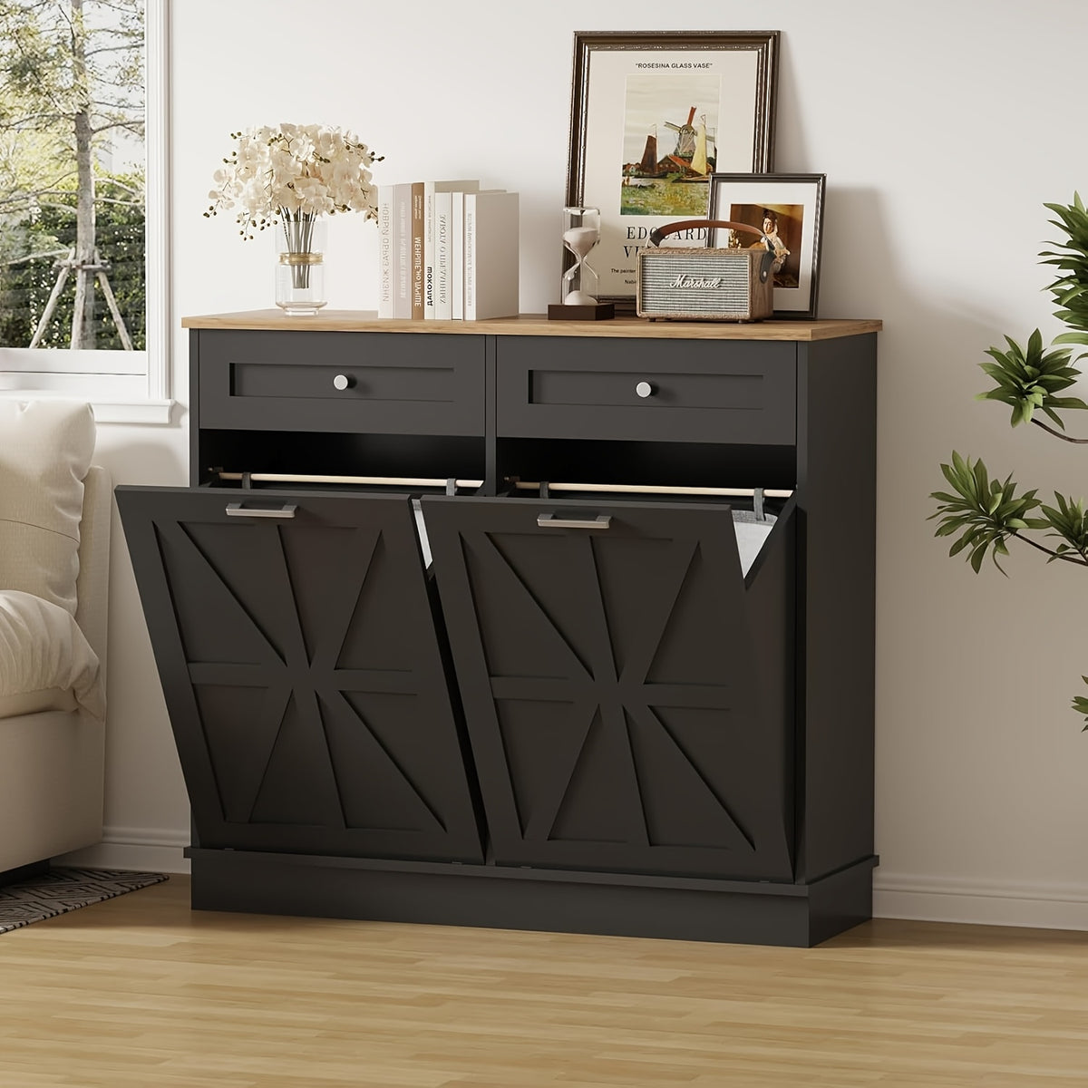 20 Gallon Double Tilt-Out Trash Cabinet & Laundry Hamper - Farmhouse Style Hidden Storage with Solid Wood Tabletop, Drawer & Pet-Proof Design - Freestanding Floor Cabinet for Kitchen, Bathroom, Laundry Room