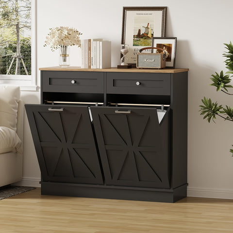 20 Gallon Double Tilt-Out Trash Cabinet & Laundry Hamper - Farmhouse Style Hidden Storage with Solid Wood Tabletop, Drawer & Pet-Proof Design - Freestanding Floor Cabinet for Kitchen, Bathroom, Laundry Room