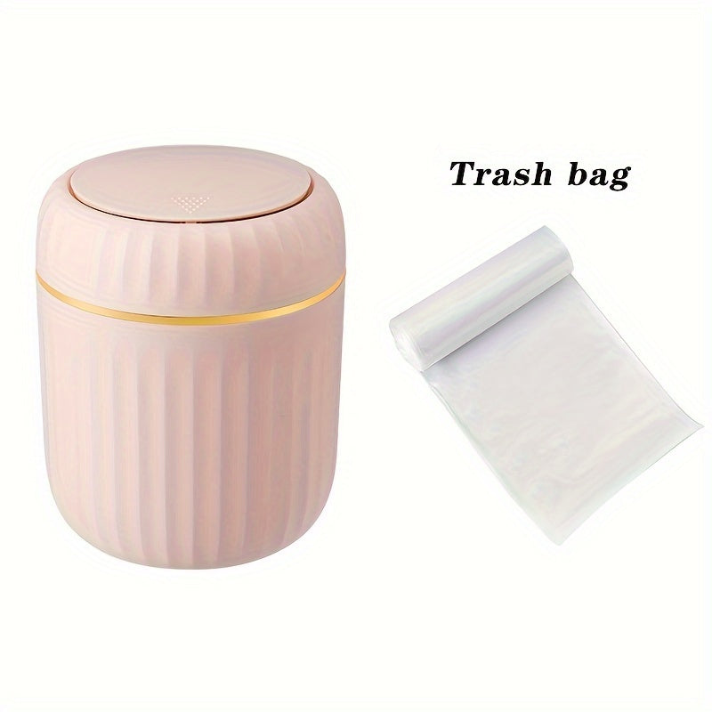 1-Pack PP Plastic Press-Top Desktop Trash Can with One-Touch Lid, Odor-Control Ribbed Design Compact Cylindrical Bin for Office Home Desk, Living Room, Study - White & Yellow Accents, Mini Trash Can for Desk, Desk Organizer, Waste Disposal, Modern Trashca
