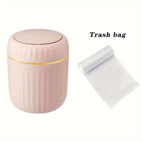 1-Pack PP Plastic Press-Top Desktop Trash Can with One-Touch Lid, Odor-Control Ribbed Design Compact Cylindrical Bin for Office Home Desk, Living Room, Study - White & Yellow Accents, Mini Trash Can for Desk, Desk Organizer, Waste Disposal, Modern Trashca