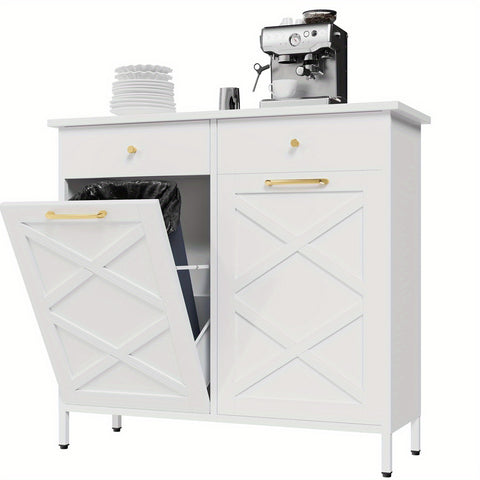 Double Tilt Out Trash Can Cabinet, Suitable For 20 Gallon Metal Dog Proof Trash, With 2 Drawers, Garbage Recycling Can Cabinet Laundry Sorter For Kitchen And Living Room