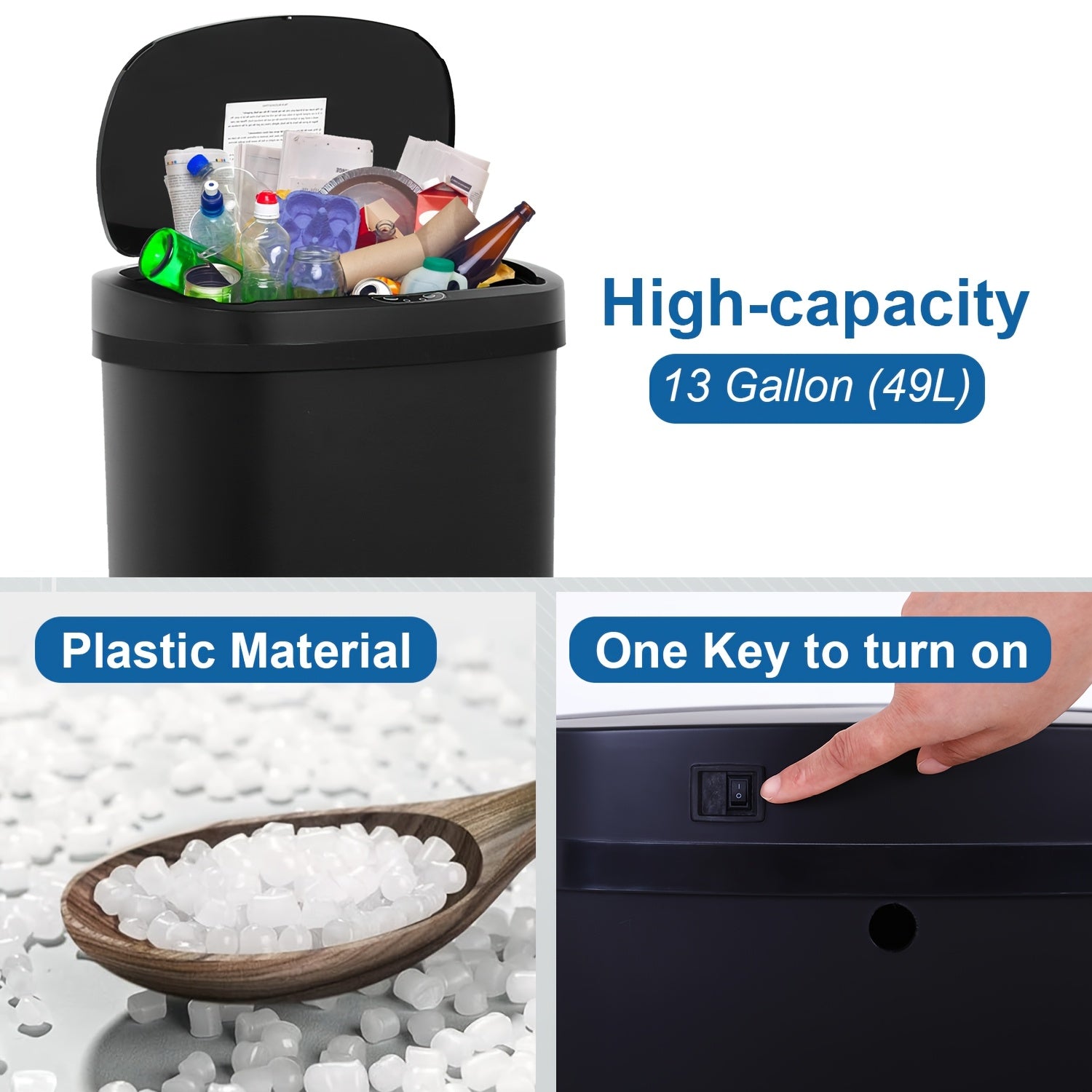 13 Gallon Touchless Trash Can & Garbage Cabinet with Automatic Sensor - Kitchen, Bathroom, Living Room, Office Organizers with Lid, Home Storage Accessories, Plastic Waste Bin for Efficient Organization
