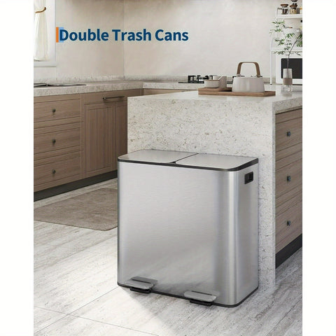 2x8 Gallon\u002F 2x10.6 Gallon Stainless Steel Double Trash Can with Lid for Kitchen, Large Dual Trash and Bin Combo, Step-on Kitchen Metal Stainless Steel Garbage Cans, PP Inner Buckets, Liner Rim, Silvery\u002F Gray\u002F Black