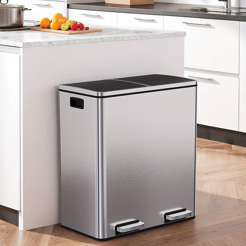 16 Gal Dual Kitchen Stainless Steel Trash Can W\u002F2 Built-in Box for Odor Control, Waste Dustbin, Sealing Base & Soft Close, for Home, Office
