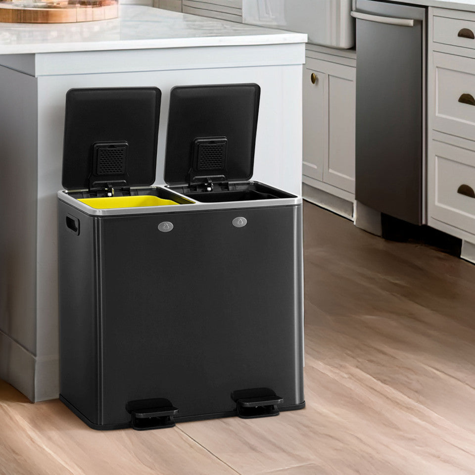 CAPHAUS Black Dual Trash Can w\u002F Double Lid, Trash & Recycle Bins Combo, Hands-free Stainless-Steel Garbage Can for Kitchen, with 2 Compartment, Hinged Lid, Odor Filters, Handles