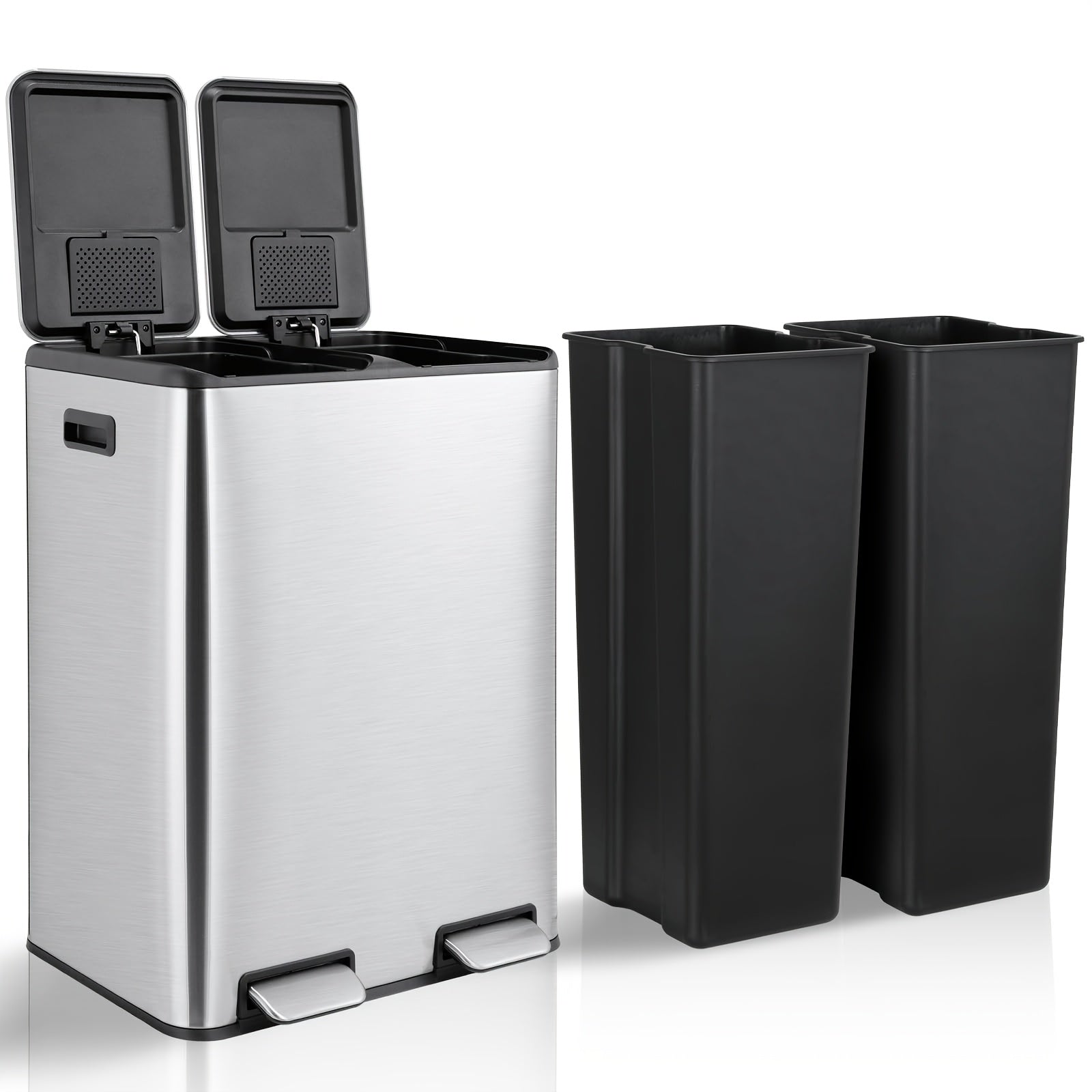 16 Gal Dual Kitchen Stainless Steel Trash Can W\u002F2 Built-in Box for Odor Control, Waste Dustbin, Sealing Base & Soft Close, for Home, Office