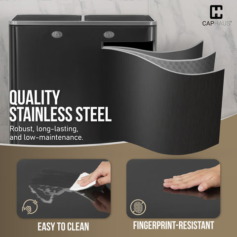 CAPHAUS Black Dual Trash Can w\u002F Double Lid, Trash & Recycle Bins Combo, Hands-free Stainless-Steel Garbage Can for Kitchen, with 2 Compartment, Hinged Lid, Odor Filters, Handles