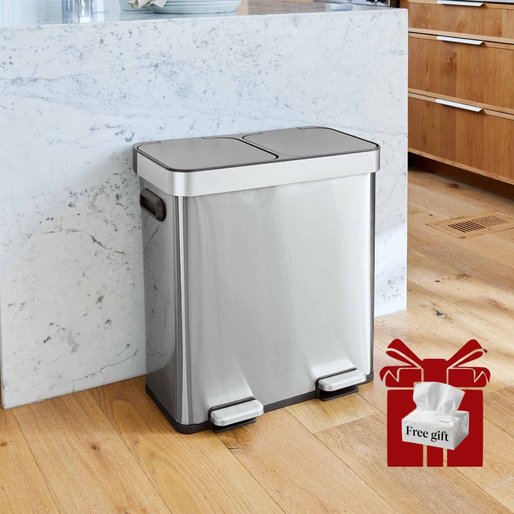 18G Dual Unit Rectangular Stainless Steel Trash Can – Large Capacity Double Compartment Step-On Garbage Bin for Kitchen, Bathroom, Home, Office, and Outdoor Use, Durable Touchless-Style Waste Bin for Household Organization and Recycling, Perfect for Fall
