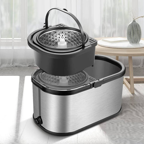 Stainless Steel Spin Mop Bucket System with Heavy-Duty Mop & 6 Microfiber Refills - 4-Wheel Floor Mop, Space-Saving Compact Design, Fast-Drying Spin Mechanism for Vinyl Floors - \u002FOutdoor Use (Easy Storage