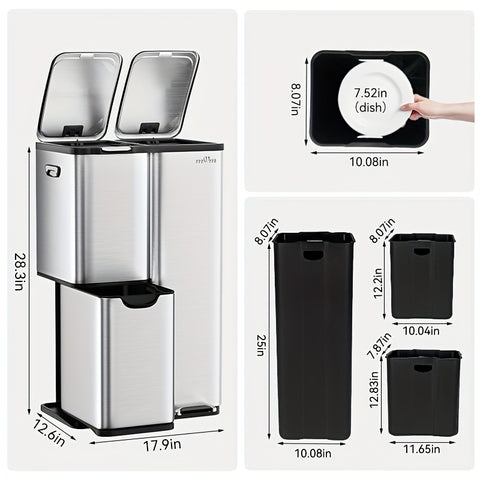Mvm 9.5\u002F16 Gal 3 in 1 Kitchen Step Trash Can with Soft Close Lid, Duty Anti Fingerprint Brushed Recycling Bin for Office Home Markets, Stainless Garbage Bin, with 3 Removable Inner Barrels, Ideal for Wet Dry Waste Sorting