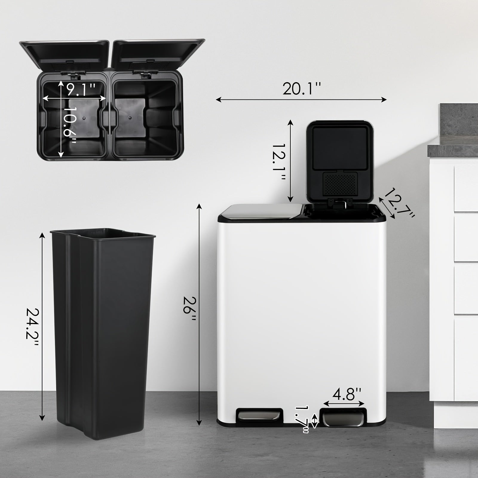 16 Gal Dual Kitchen Stainless Steel Trash Can W\u002F2 Built-in Box for Odor Control, Waste Dustbin, Sealing Base & Soft Close, for Home, Office
