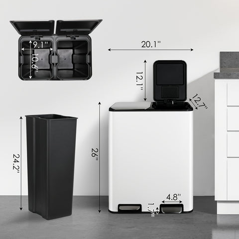 16 Gal Dual Kitchen Stainless Steel Trash Can W\u002F2 Built-in Box for Odor Control, Waste Dustbin, Sealing Base & Soft Close, for Home, Office