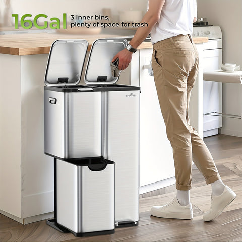 Mvm 9.5\u002F16 Gal 3 in 1 Kitchen Step Trash Can with Soft Close Lid, Duty Anti Fingerprint Brushed Recycling Bin for Office Home Markets, Stainless Garbage Bin, with 3 Removable Inner Barrels, Ideal for Wet Dry Waste Sorting