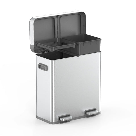 18G Dual Unit Rectangular Stainless Steel Trash Can – Large Capacity Double Compartment Step-On Garbage Bin for Kitchen, Bathroom, Home, Office, and Outdoor Use, Durable Touchless-Style Waste Bin for Household Organization and Recycling, Perfect for Fall