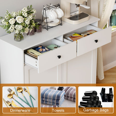 Wpond 20-Gallon Heavy-Duty Double Tilt-Out Trash Can Cabinet with Deodorizing System, Dog-Proof Locking Doors & Hidden Drawers - Freestanding Modern White & Black Garbage Bin, Heavy-Metal-Free \u002FPet- Design