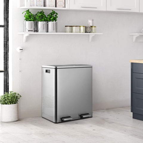 16 GallonStainless Steel Trash Can, 15.85gal Dual Compartment, Metal Kitchen Step Recycle Bin, Metal Double Dustbin, Bathroom Trash Can, Bedroom Trash Can With Lid, Stainless Steel Trash Can, Bathroom Trash Can, Silent Trash Can