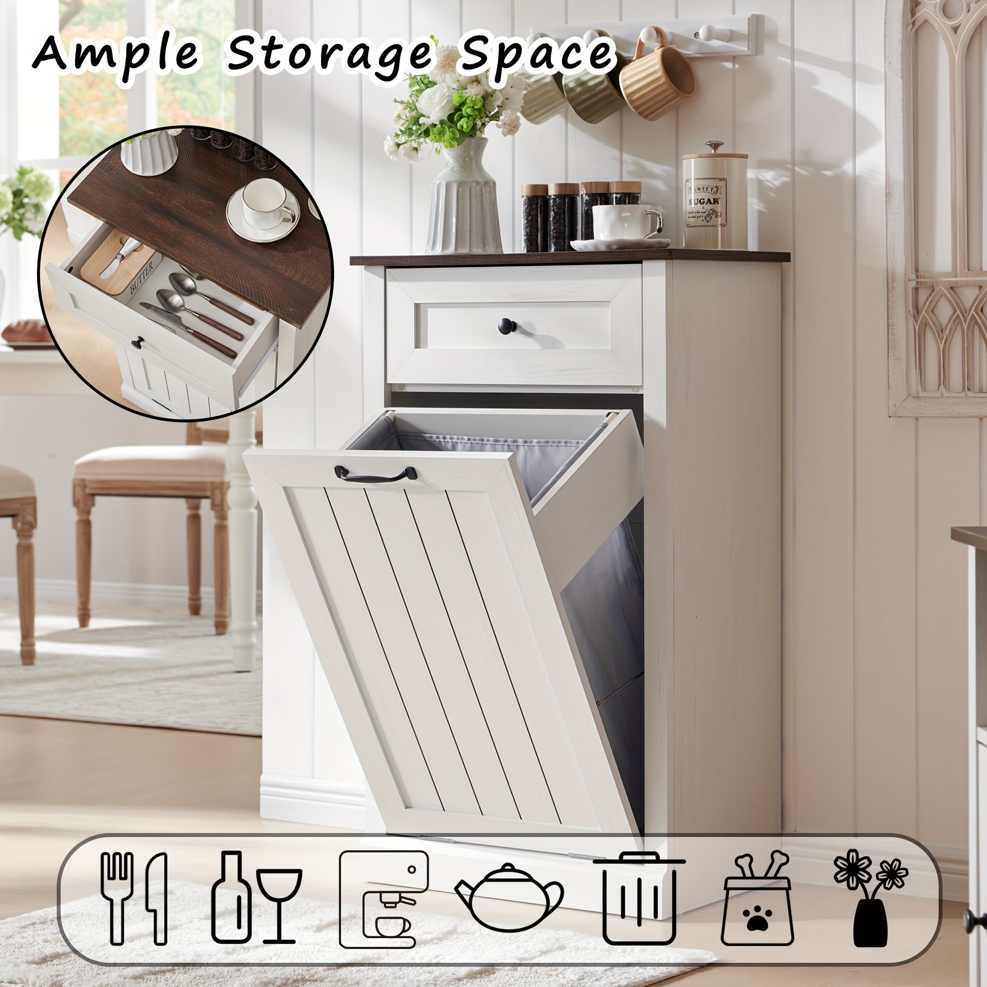 10 Gallon Recycled Wood Tilt-Out Trash Can Cabinet with Drawer - Quiet Close Hidden Laundry Hamper, Pull-Out Bin for Kitchen, Dining & Living Room Storage, Trash Can for Kitchen, Home Organization, Sleek Home Decor, Sturdy Build, Multifunctional Furniture