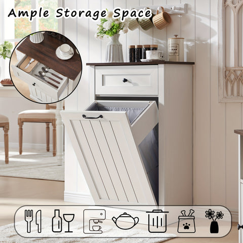 10 Gallon Recycled Wood Tilt-Out Trash Can Cabinet with Drawer - Quiet Close Hidden Laundry Hamper, Pull-Out Bin for Kitchen, Dining & Living Room Storage, Trash Can for Kitchen, Home Organization, Sleek Home Decor, Sturdy Build, Multifunctional Furniture