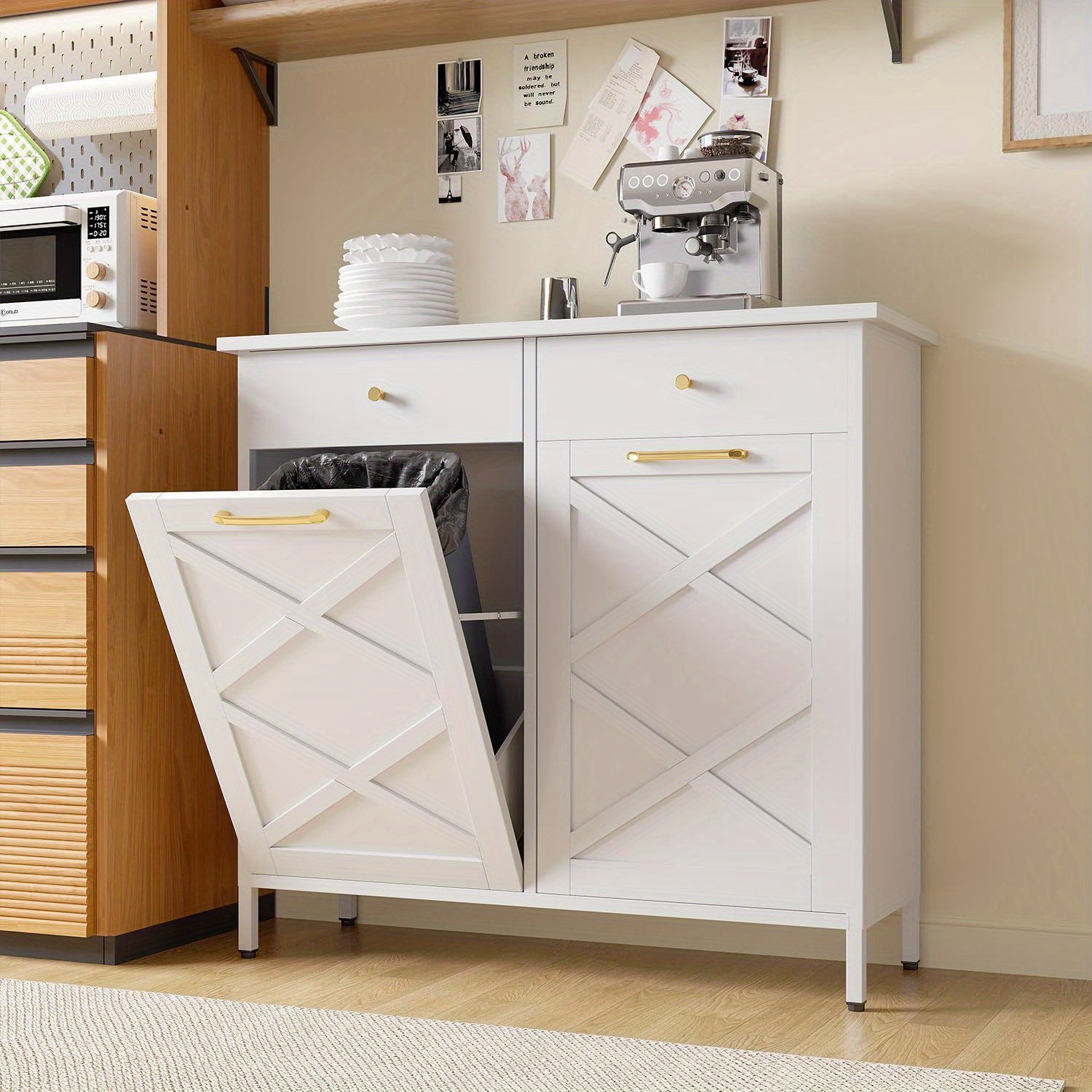 Double Tilt Out Trash Can Cabinet, Suitable For 20 Gallon Metal Dog Proof Trash, With 2 Drawers, Garbage Recycling Can Cabinet Laundry Sorter For Kitchen And Living Room
