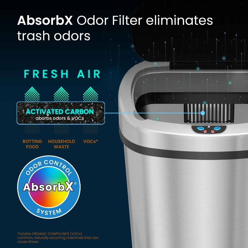 13 Gallon Stainless Steel Touchless Trash Can with Motion Sensor & Odor Control System - Automatic Hands-Free Operation, Battery-Powered (Batteries Not Included), Modern Oval Design, Hygienic Automatic Lid, Durable Aluminum Construction for Home