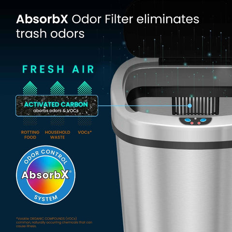 13 Gallon Stainless Steel Touchless Trash Can with Motion Sensor & Odor Control System - Automatic Hands-Free Operation, Battery-Powered (Batteries Not Included), Modern Oval Design, Hygienic Automatic Lid, Durable Aluminum Construction for Home