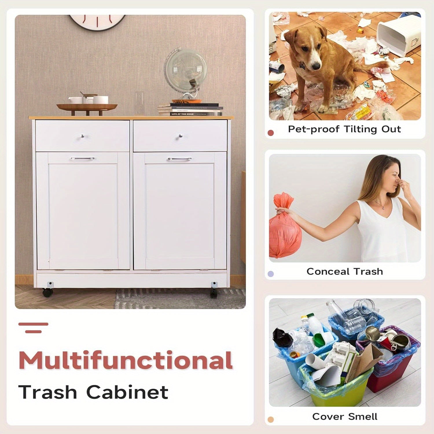 Heavy-Duty Hardwood Trash Can Cabinet with Locking Tilt-Out Bins & Casters - Kitchen\u002FBathroom\u002FOffice garbage storage Organizer with 2 Drawers, Fits 10Gal + 9Gal Bins, Space-Saving Modern Cabinet (Easy Assembly), Storage Bins, Sleek Wooden Design