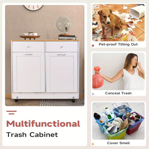Heavy-Duty Hardwood Trash Can Cabinet with Locking Tilt-Out Bins & Casters - Kitchen\u002FBathroom\u002FOffice garbage storage Organizer with 2 Drawers, Fits 10Gal + 9Gal Bins, Space-Saving Modern Cabinet (Easy Assembly), Storage Bins, Sleek Wooden Design