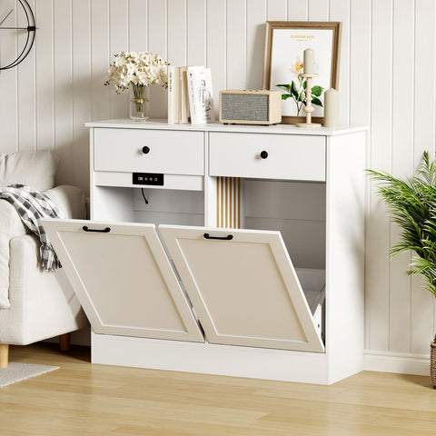 Wpond 20-Gallon Heavy-Duty Double Tilt-Out Trash Can Cabinet with Deodorizing System, Dog-Proof Locking Doors & Hidden Drawers - Freestanding Modern White & Black Garbage Bin, Heavy-Metal-Free \u002FPet- Design