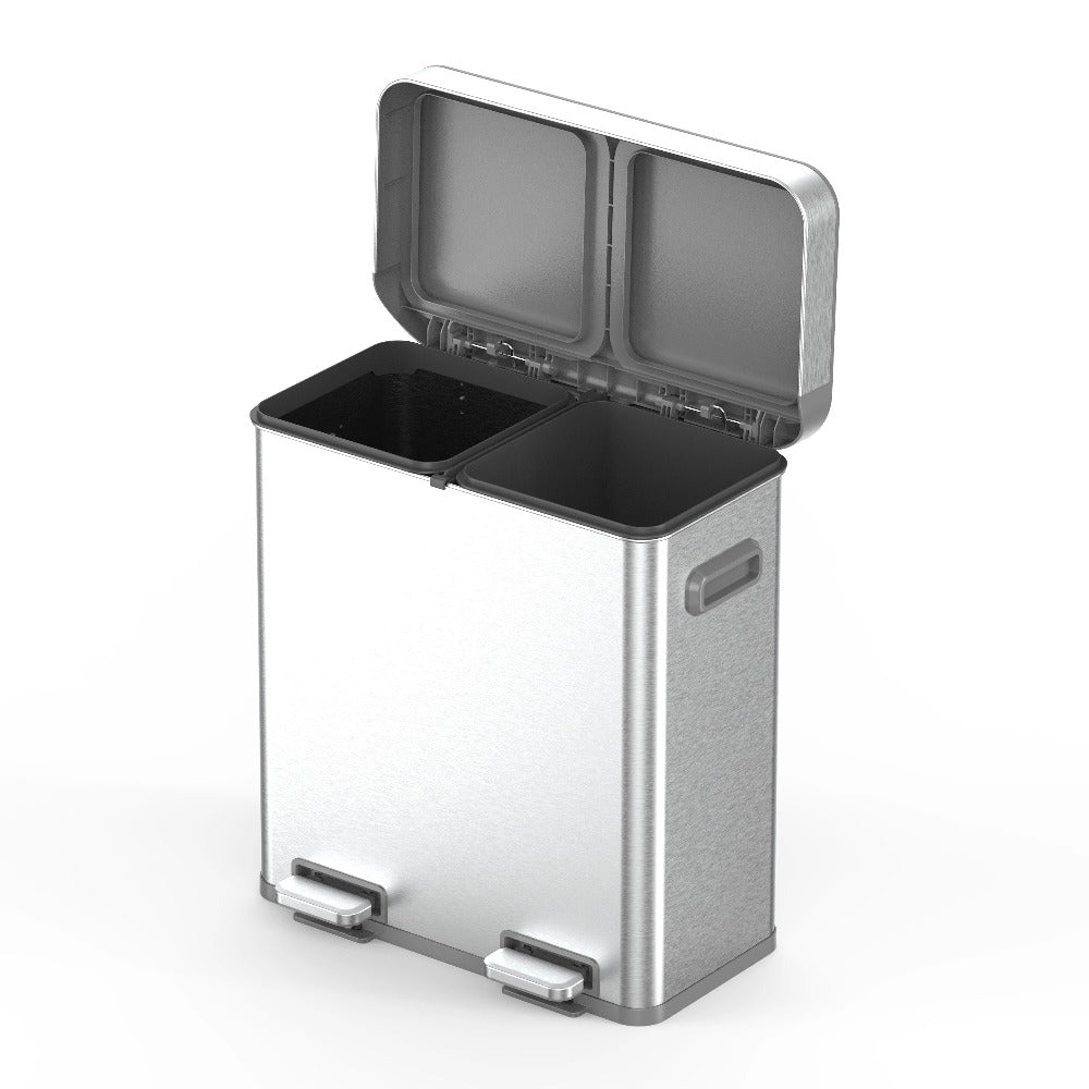 18G Dual Unit Rectangular Stainless Steel Trash Can – Large Capacity Double Compartment Step-On Garbage Bin for Kitchen, Bathroom, Home, Office, and Outdoor Use, Durable Touchless-Style Waste Bin for Household Organization and Recycling, Perfect for Fall
