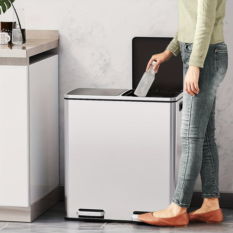 16 GallonStainless Steel Trash Can, 15.85gal Dual Compartment, Metal Kitchen Step Recycle Bin, Metal Double Dustbin, Bathroom Trash Can, Bedroom Trash Can With Lid, Stainless Steel Trash Can, Bathroom Trash Can, Silent Trash Can