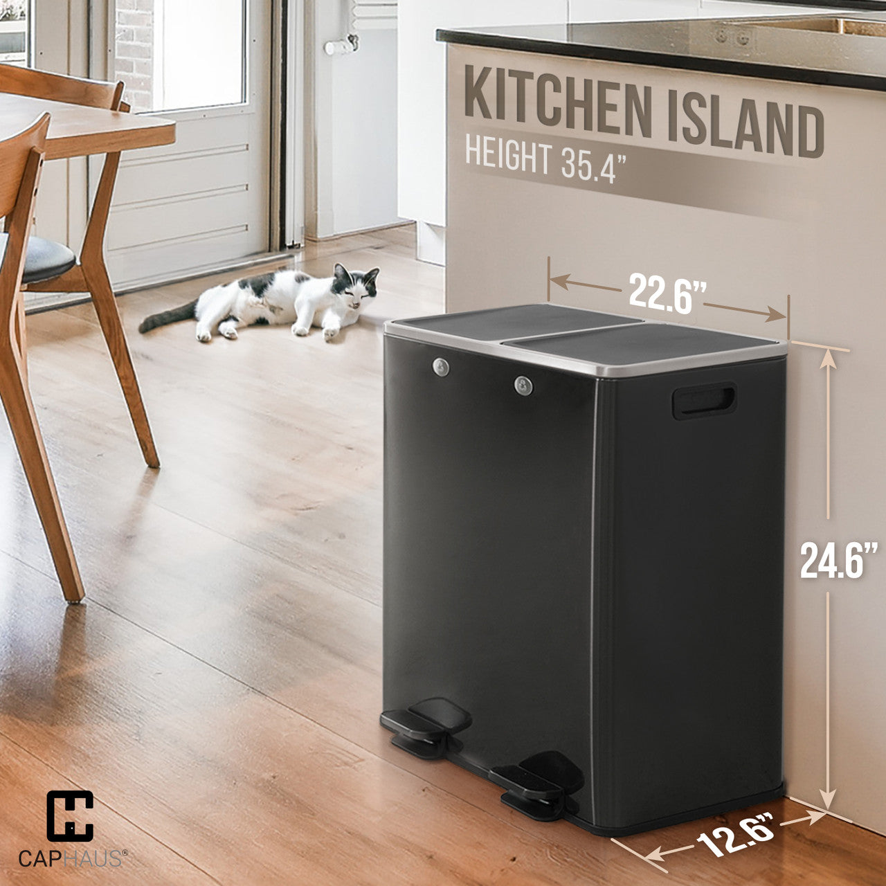 CAPHAUS Black Dual Trash Can w\u002F Double Lid, Trash & Recycle Bins Combo, Hands-free Stainless-Steel Garbage Can for Kitchen, with 2 Compartment, Hinged Lid, Odor Filters, Handles