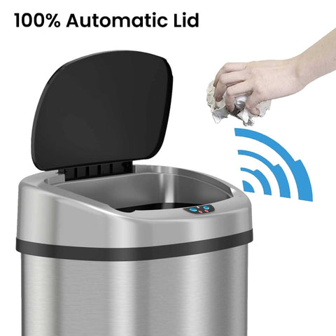 13 Gallon Stainless Steel Touchless Trash Can with Motion Sensor & Odor Control System - Automatic Hands-Free Operation, Battery-Powered (Batteries Not Included), Modern Oval Design, Hygienic Automatic Lid, Durable Aluminum Construction for Home