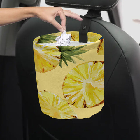 1pc Pineapple Print Car Trash Can - Durable Polyester Fiber, Portable & Stylish Interior Accessory for Cars, Camping, and Kitchens, Vibrant Yellow with Green Leaves, Compact Design for Easy Storage, Car Trash Can, Kitchen Waste Bin, Playful Design, Sturdy