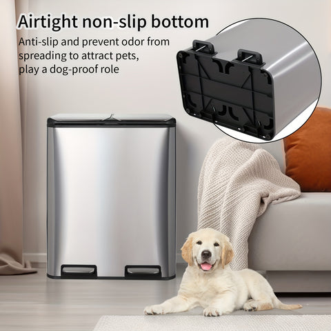 16 Gal Dual Kitchen Stainless Steel Trash Can W\u002F2 Built-in Box for Odor Control, Waste Dustbin, Sealing Base & Soft Close, for Home, Office