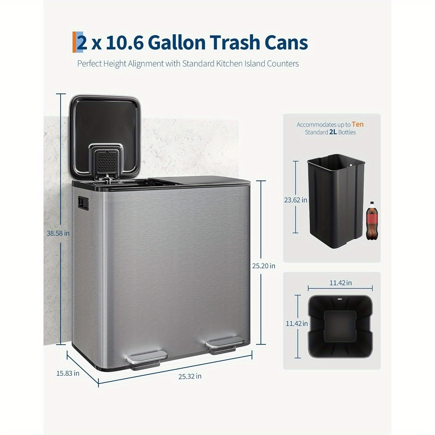 2x8 Gallon\u002F 2x10.6 Gallon Stainless Steel Double Trash Can with Lid for Kitchen, Large Dual Trash and Bin Combo, Step-on Kitchen Metal Stainless Steel Garbage Cans, PP Inner Buckets, Liner Rim, Silvery\u002F Gray\u002F Black