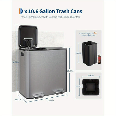 2x8 Gallon\u002F 2x10.6 Gallon Stainless Steel Double Trash Can with Lid for Kitchen, Large Dual Trash and Bin Combo, Step-on Kitchen Metal Stainless Steel Garbage Cans, PP Inner Buckets, Liner Rim, Silvery\u002F Gray\u002F Black