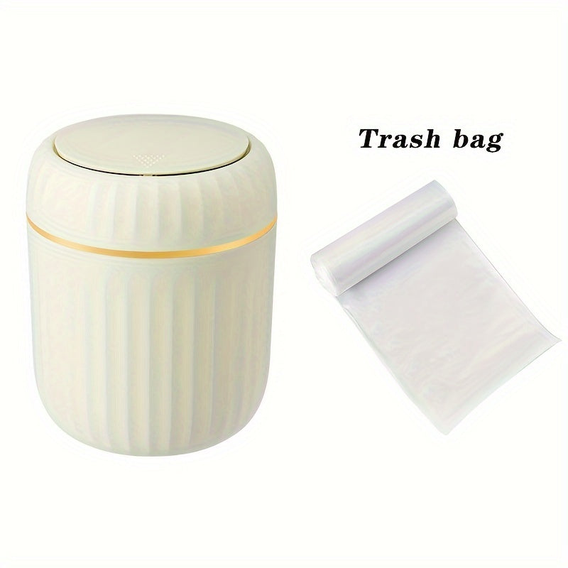 1-Pack PP Plastic Press-Top Desktop Trash Can with One-Touch Lid, Odor-Control Ribbed Design Compact Cylindrical Bin for Office Home Desk, Living Room, Study - White & Yellow Accents, Mini Trash Can for Desk, Desk Organizer, Waste Disposal, Modern Trashca