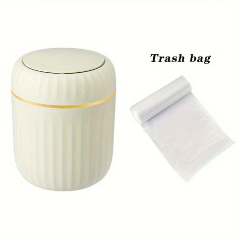 1-Pack PP Plastic Press-Top Desktop Trash Can with One-Touch Lid, Odor-Control Ribbed Design Compact Cylindrical Bin for Office Home Desk, Living Room, Study - White & Yellow Accents, Mini Trash Can for Desk, Desk Organizer, Waste Disposal, Modern Trashca
