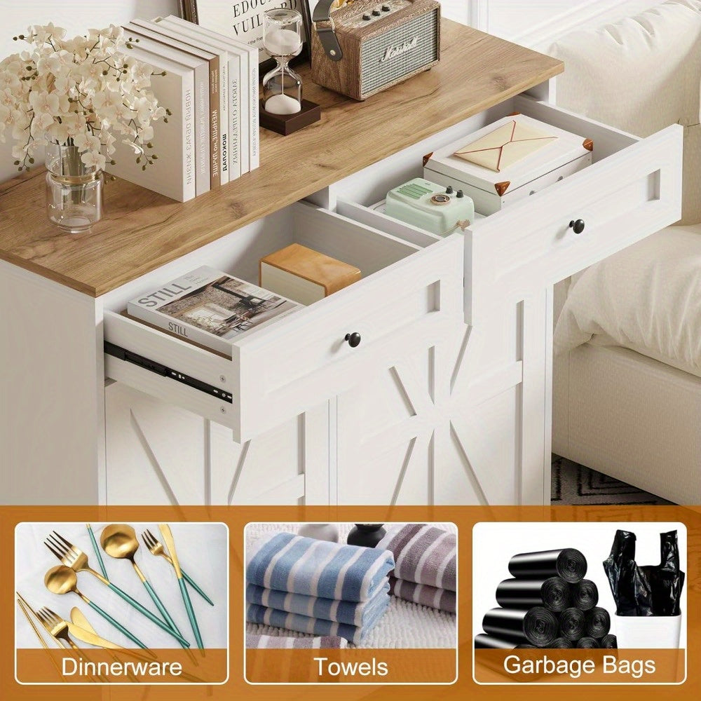 20 Gallon Heavy-Duty Trash Cabinet & Laundry Hamper - Farmhouse Cabinet with Tilt-Out Bin Doors, Space-Saving Storage for Kitchen, Bathroom, Laundry Room - Pet Proof Trash Can Organizer with Tabletop Drawer - Recycled Wood Construction, Kitchen Organizer,