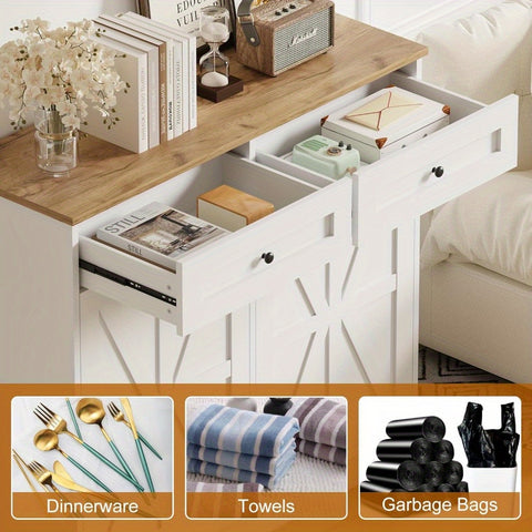 20 Gallon Heavy-Duty Trash Cabinet & Laundry Hamper - Farmhouse Cabinet with Tilt-Out Bin Doors, Space-Saving Storage for Kitchen, Bathroom, Laundry Room - Pet Proof Trash Can Organizer with Tabletop Drawer - Recycled Wood Construction, Kitchen Organizer,